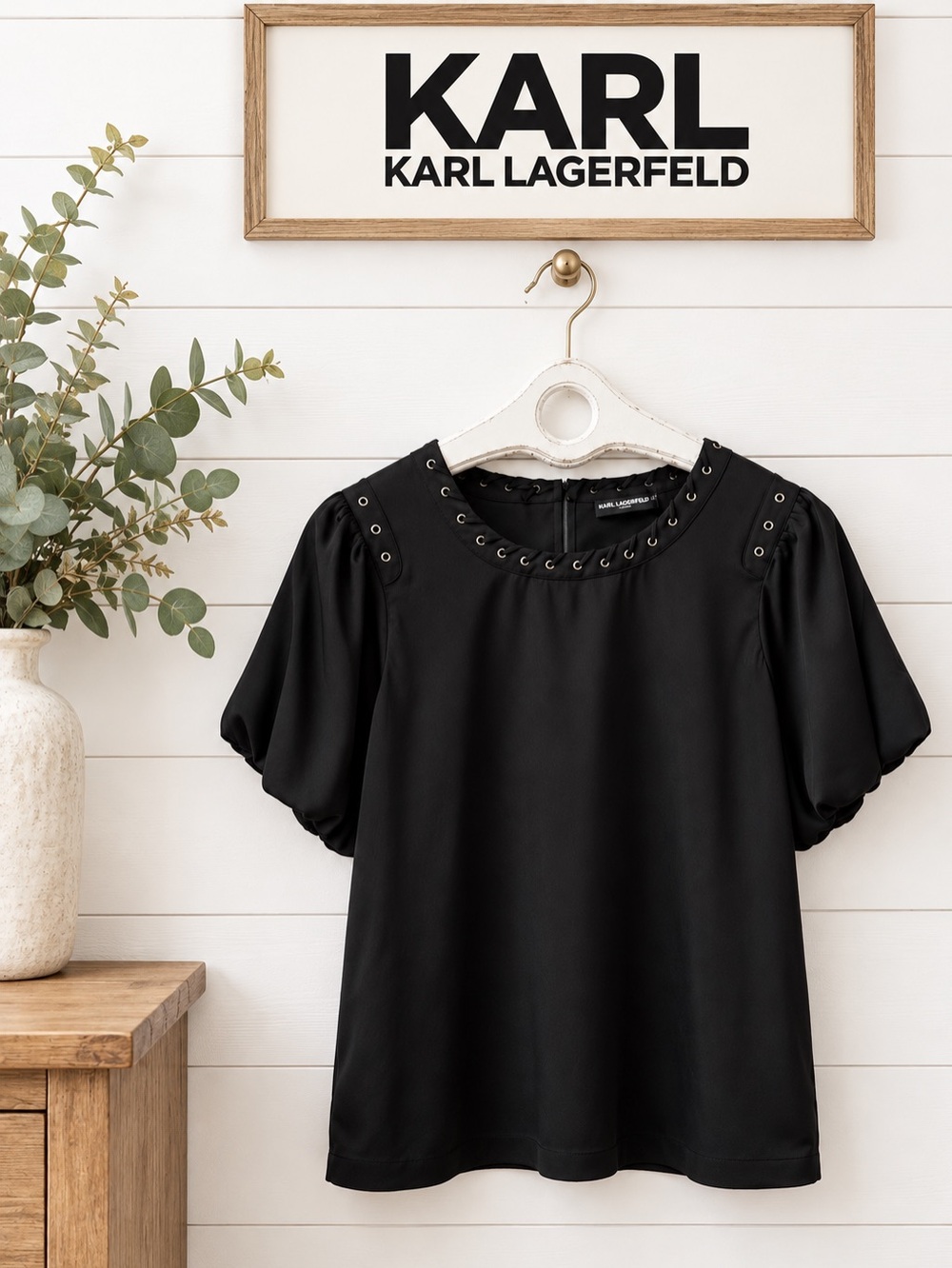 KARL LAGERFELD Black Satin Puff Sleeve Blouse Size XL